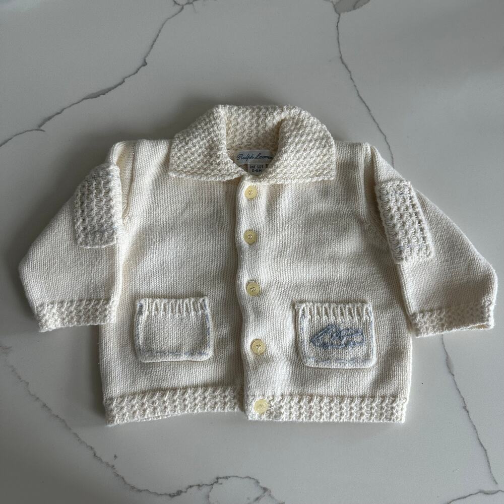 Ralph Lauren Vintage 90's Y2K popcorn Knit baby boy cardigan Sweater 0-6 MA